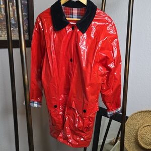 Glossy Red Rain Jacket with Black Collar Vintage Vinyl Snap Small